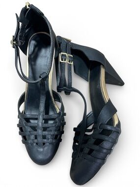 Avon Black Strappy Ankle‑Buckle Heels with Woven Front